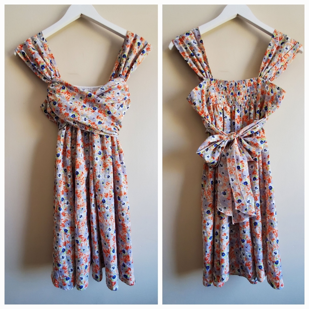 Johnny Martin floral dress with straps tie back, drape bust details, size 1